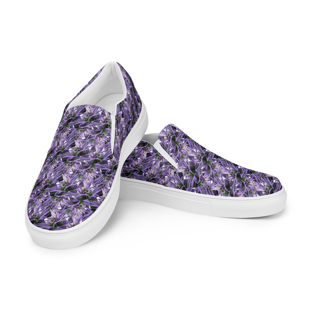 Purple Haze men's slip-on canvas shoes by Bud Wear, featuring a white sole and purple upper, shown from the front left angle.