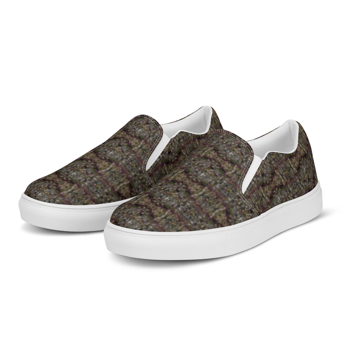 White men's Tricoman Canvas Slip-On Shoes by BudWear, showing the front-left view of the comfortable, art-inspired canvas footwear.