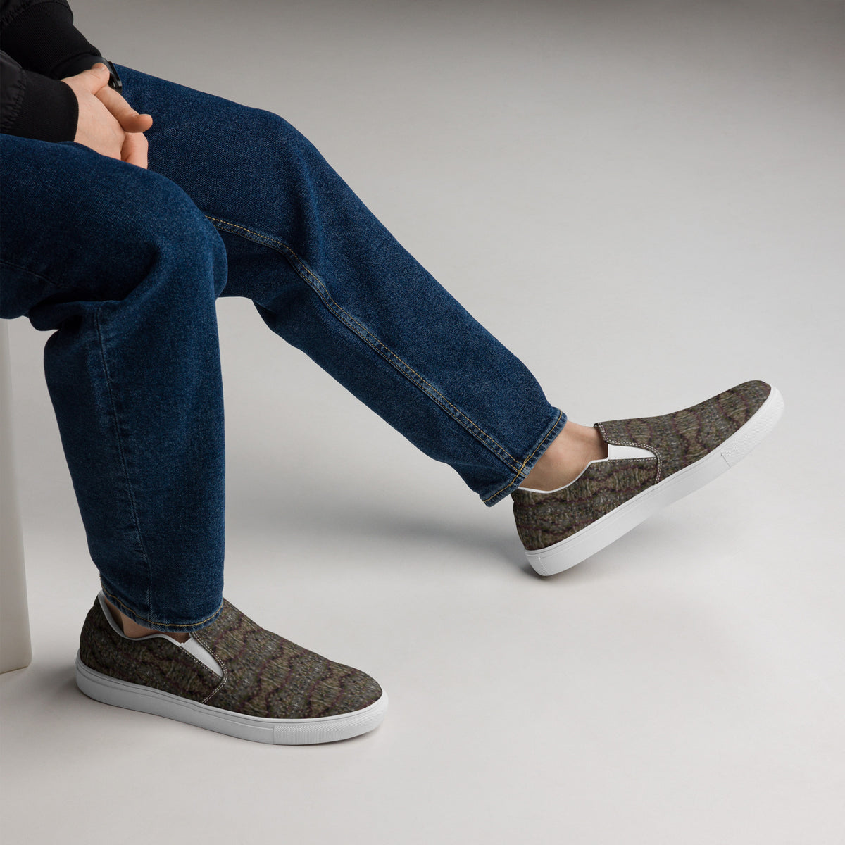Men's white Tricoman Canvas Slip-On Shoes by BudWear, showcasing comfortable slip-on design and natural art-inspired pattern.