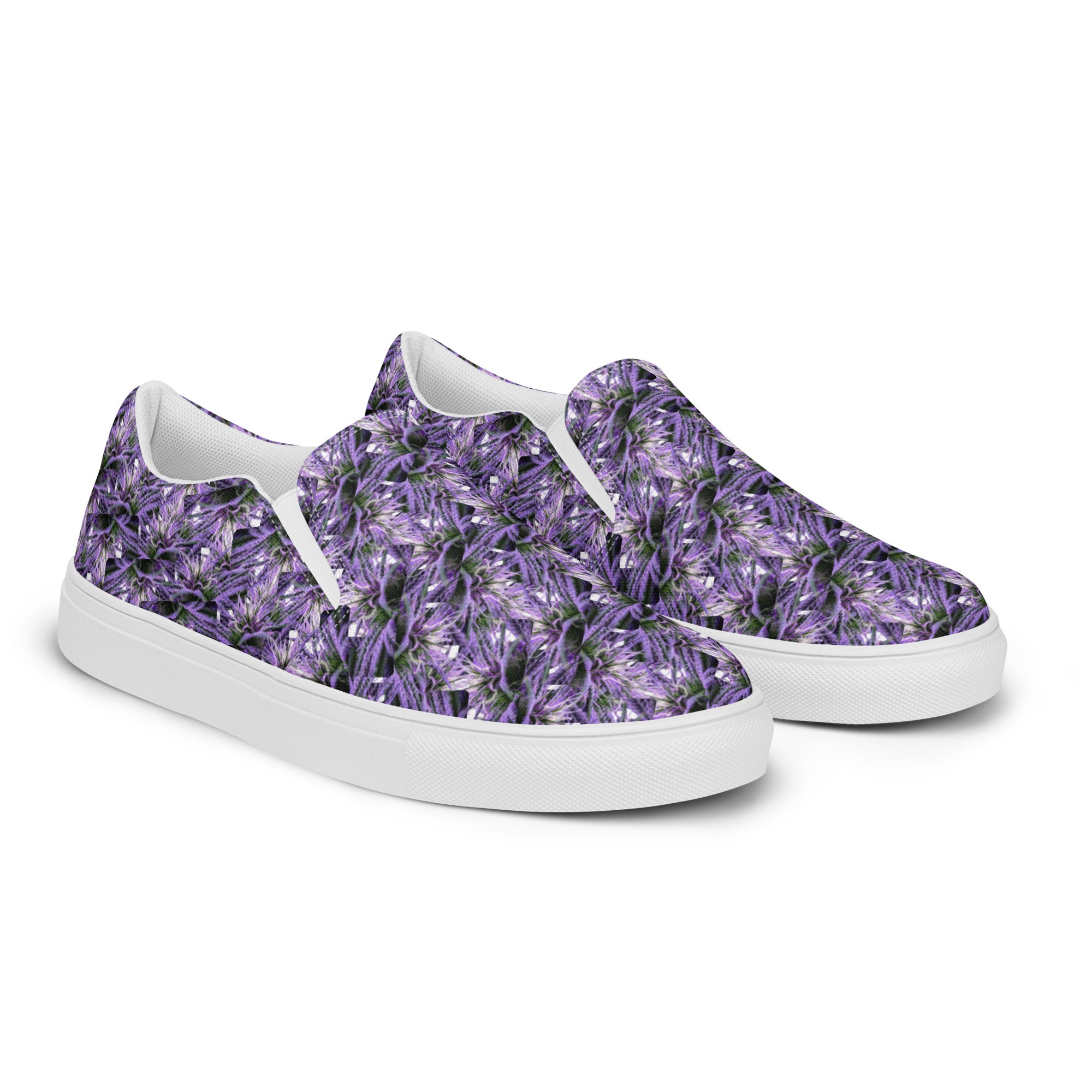 Purple Haze men's slip-on canvas shoes by Bud Wear, white with purple details, shown from front right angle.