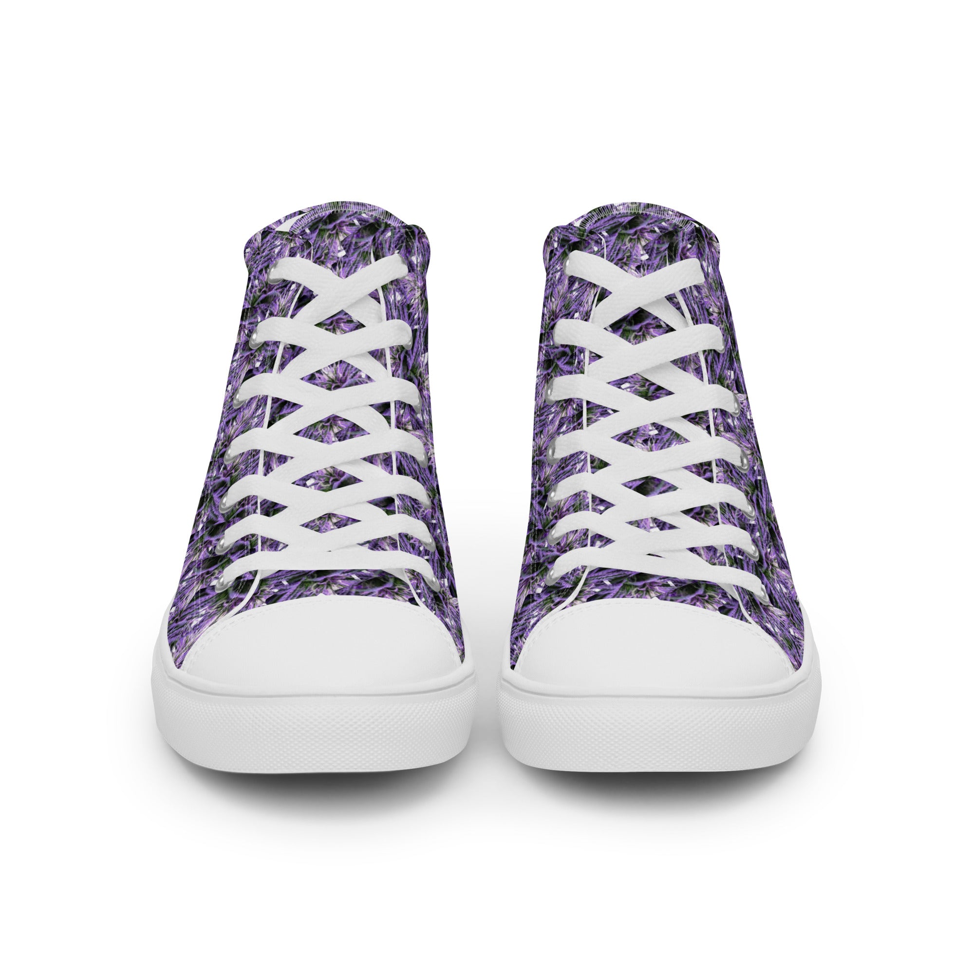 Purple Haze women’s high-top canvas shoes by BudWear, featuring a stylish purple design and white sole, front view.