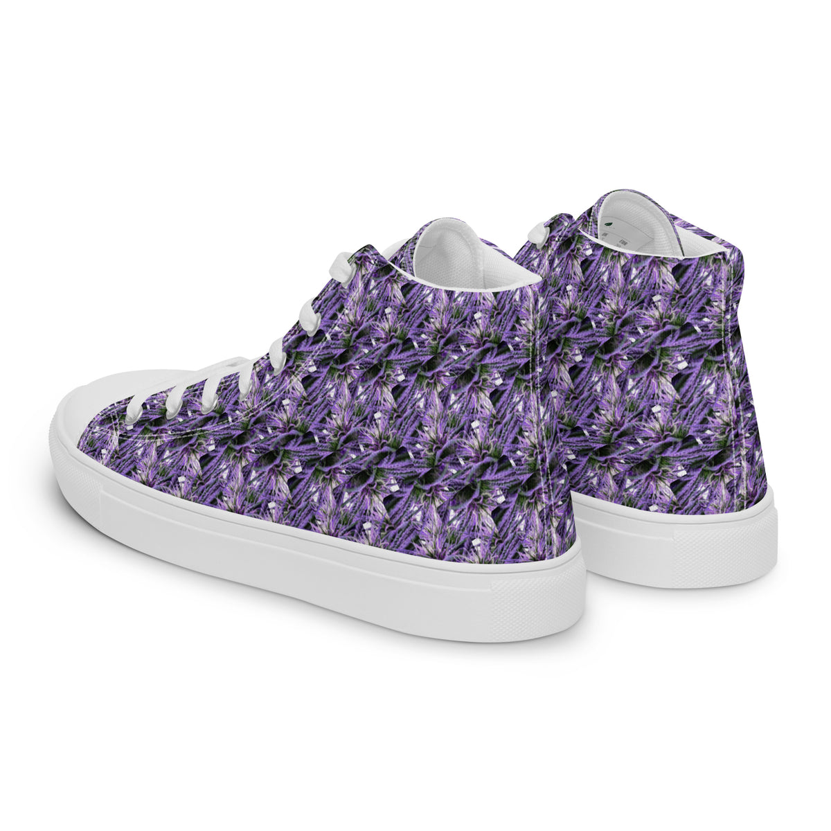 White women's high-top canvas shoes by BudWear, shown from the back left angle on a flat surface.