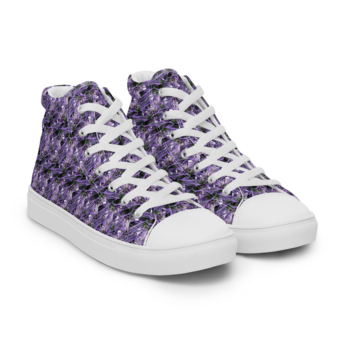 White women's high top canvas shoes by BudWear, shown from the front right angle with laces and stylish design.
