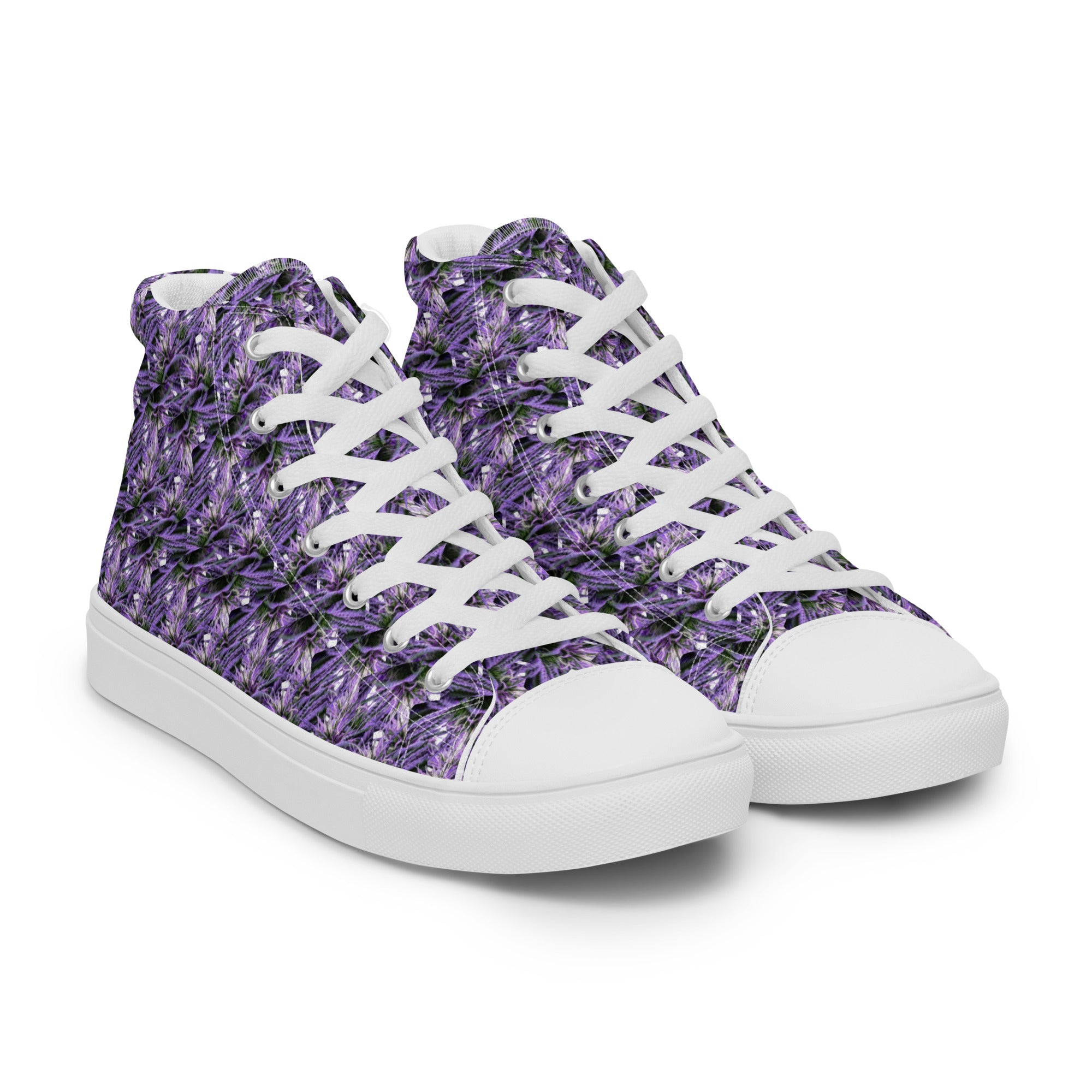 Purple Haze women's high top canvas shoes by BudWear, white with purple accents, shown from the front right side.
